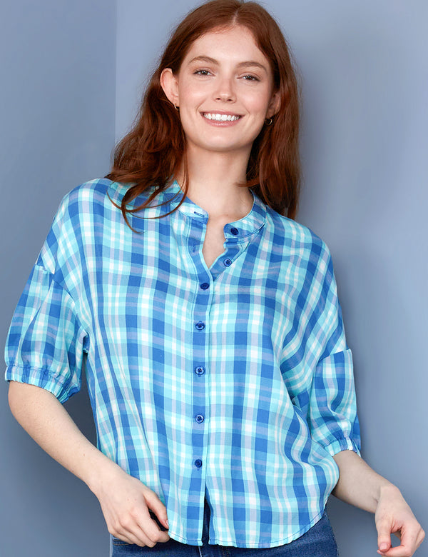 Women's Fashion Brand Bright Blue Plaid Shirt Front View