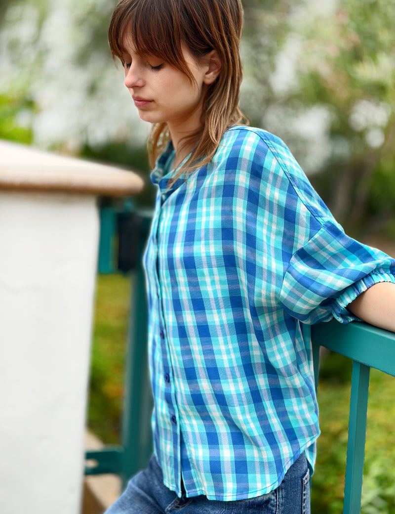 Women's Fashion Brand Bright Blue Plaid Shirt Side View Outdoor