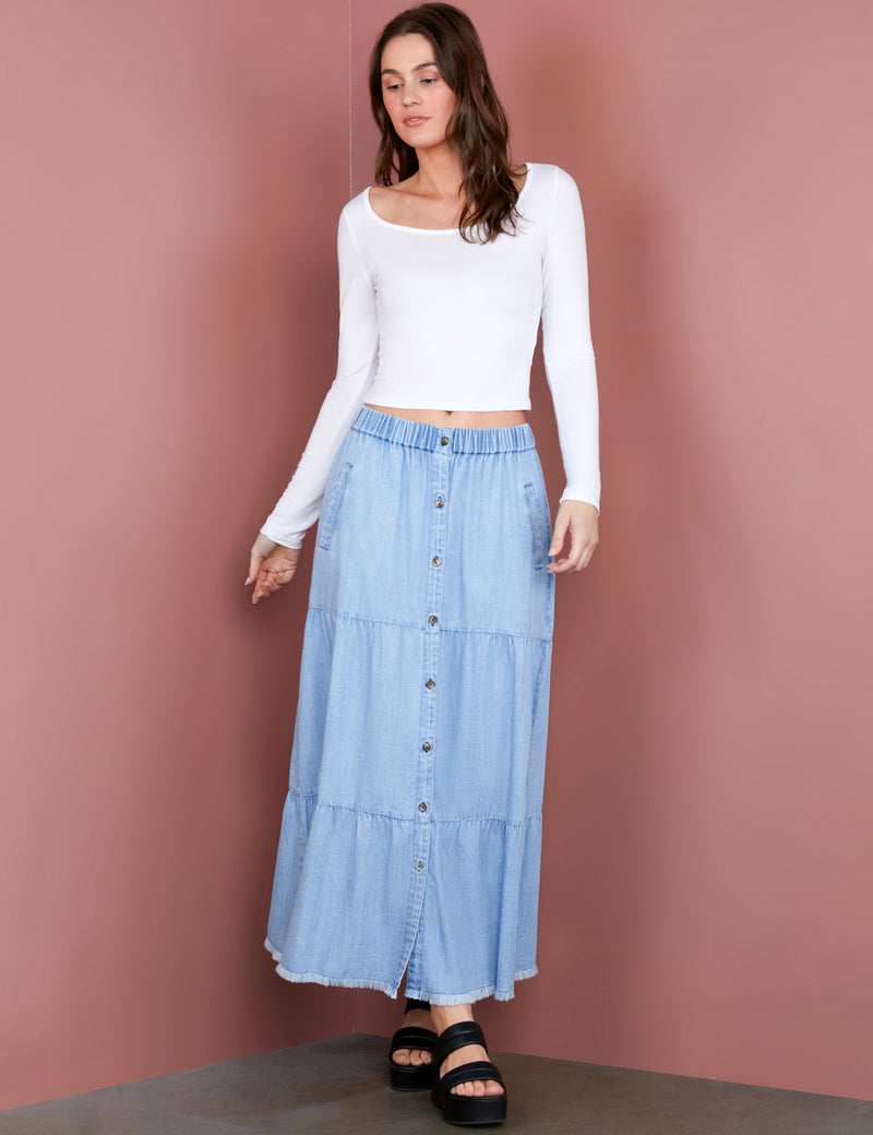 Women's Fashion Brand Tiered Denim Maxi Skirt