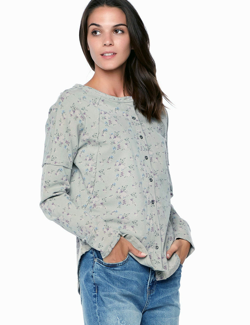 Women's Floral Print Long Sleeve Henley Top Side View