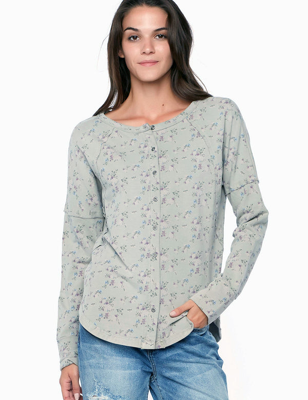 Women's Floral Print Long Sleeve Henley Top Front View