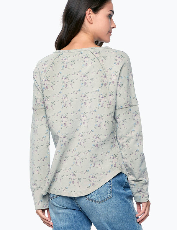 Women's Floral Print Long Sleeve Henley Top Back View