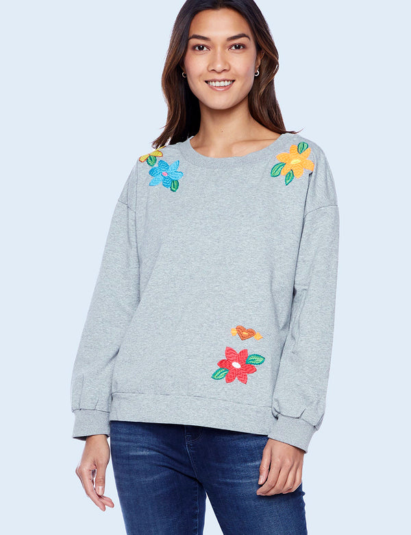 Heather Grey Floral Embroidery Sweatshirt Front View