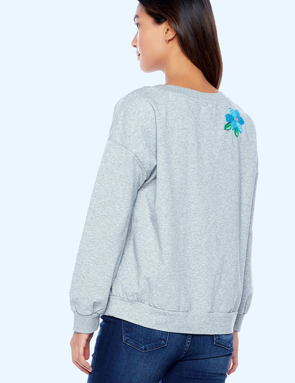 Heather Grey Floral Embroidery Sweatshirt Back View