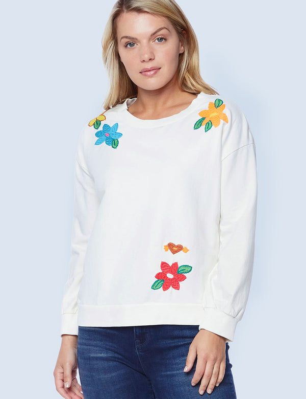 Floral Embroidery White Sweatshirt Front View