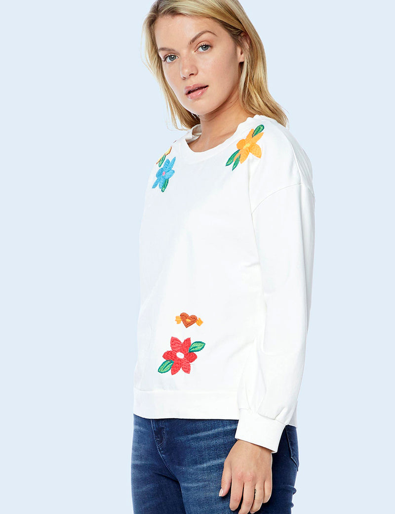 Floral Embroidery White Sweatshirt Side View