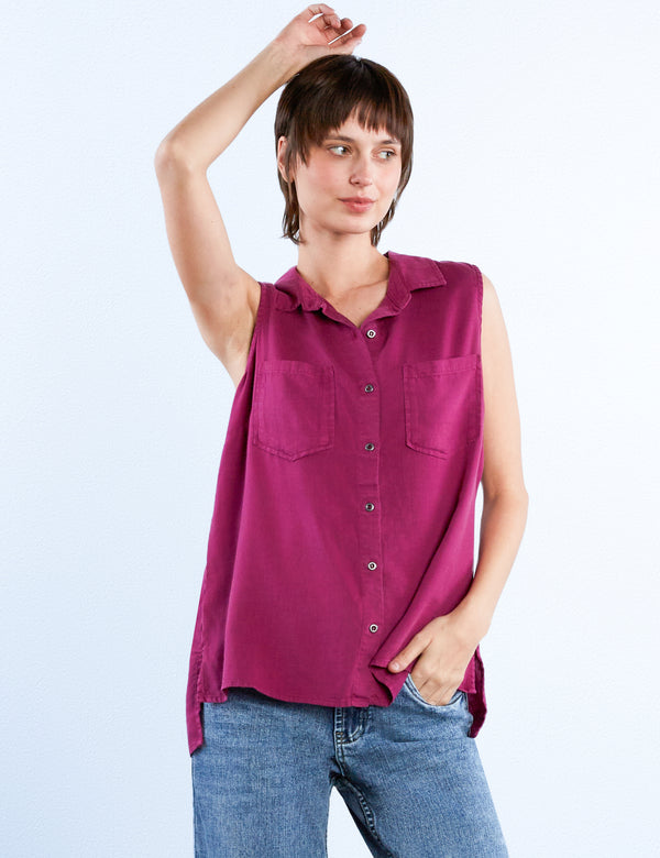 Sleeveless Lyocell Linen Button Down