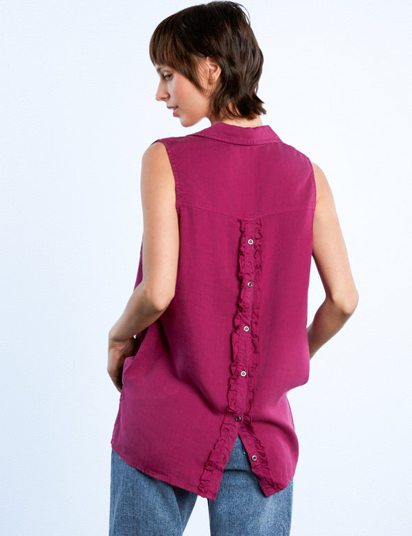 Sleeveless Lyocell Linen Button Down