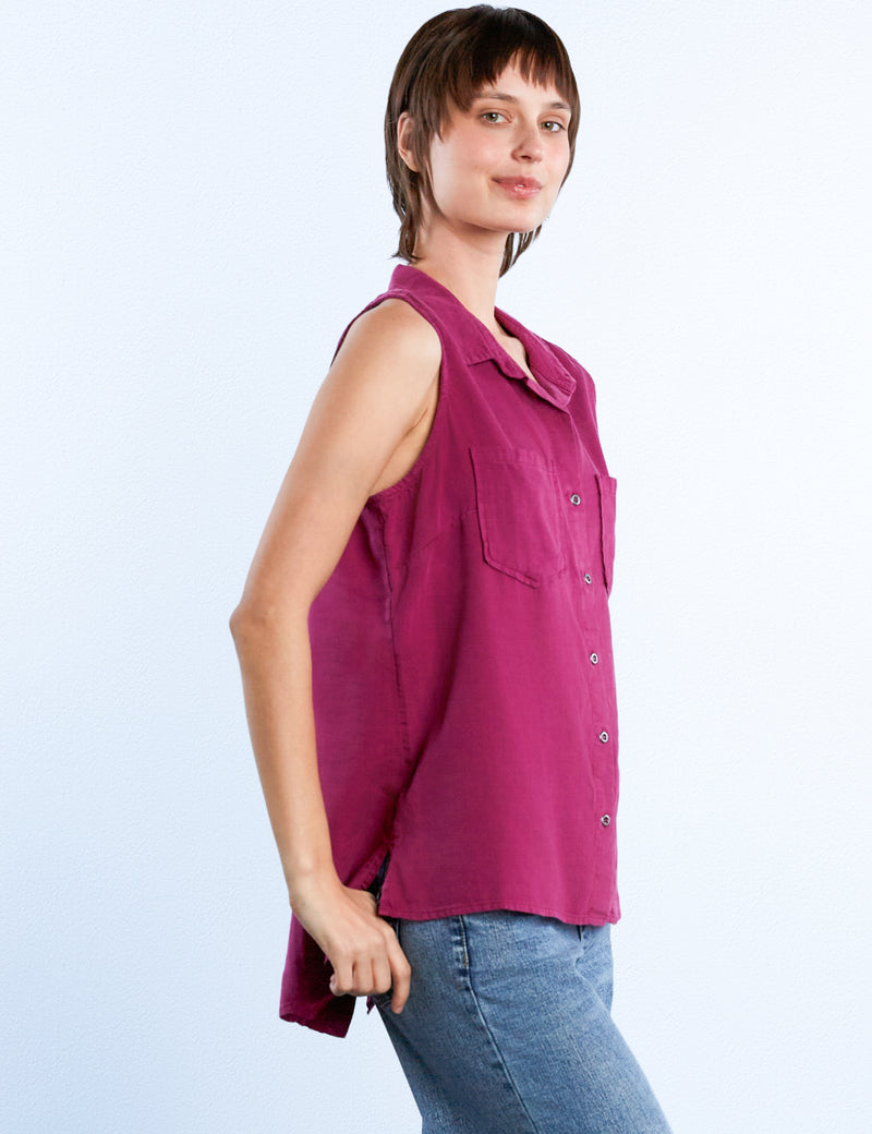 Sleeveless Lyocell Linen Button Down