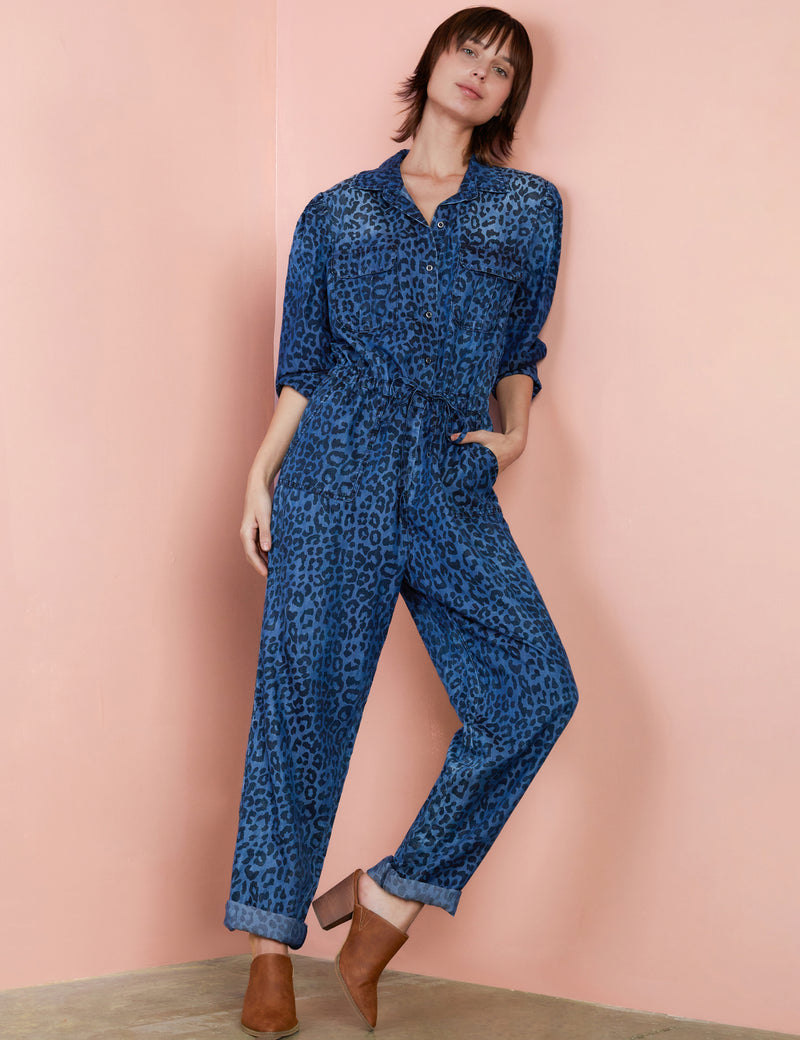 Denim Ace Jumpsuit in Blue Animal Print Front View