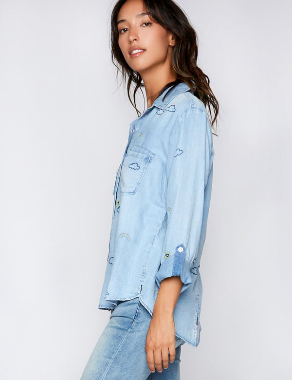 Women's Sunny & Bright Embroidered Button Down Shirt in Denim Side View