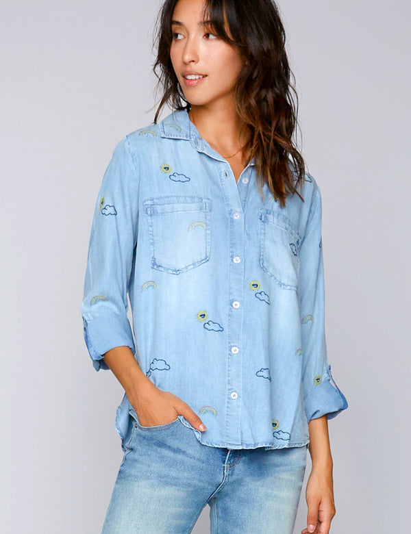 Women's Sunny & Bright Embroidered Button Down Shirt in Denim Front View
