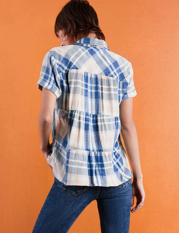 Hazy Plaid Tiered Breezy Button Front Shirt Back View