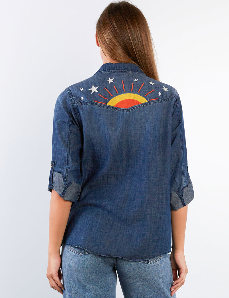 Women's Fashion Dusk Denim Hello Sunshine Shirt