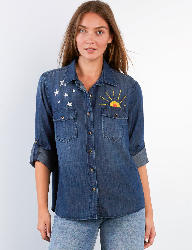 Women's Fashion Dusk Denim Hello Sunshine Shirt