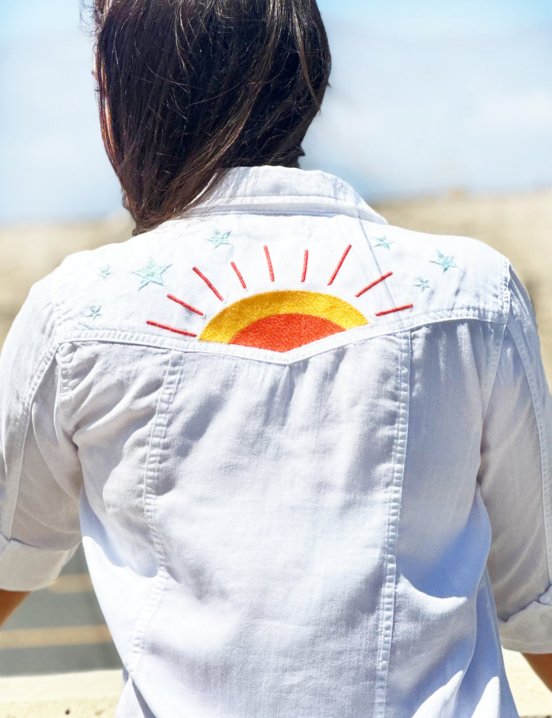 Hello Sunshine Embroidered Button Front Shirt in White Back View Close Up