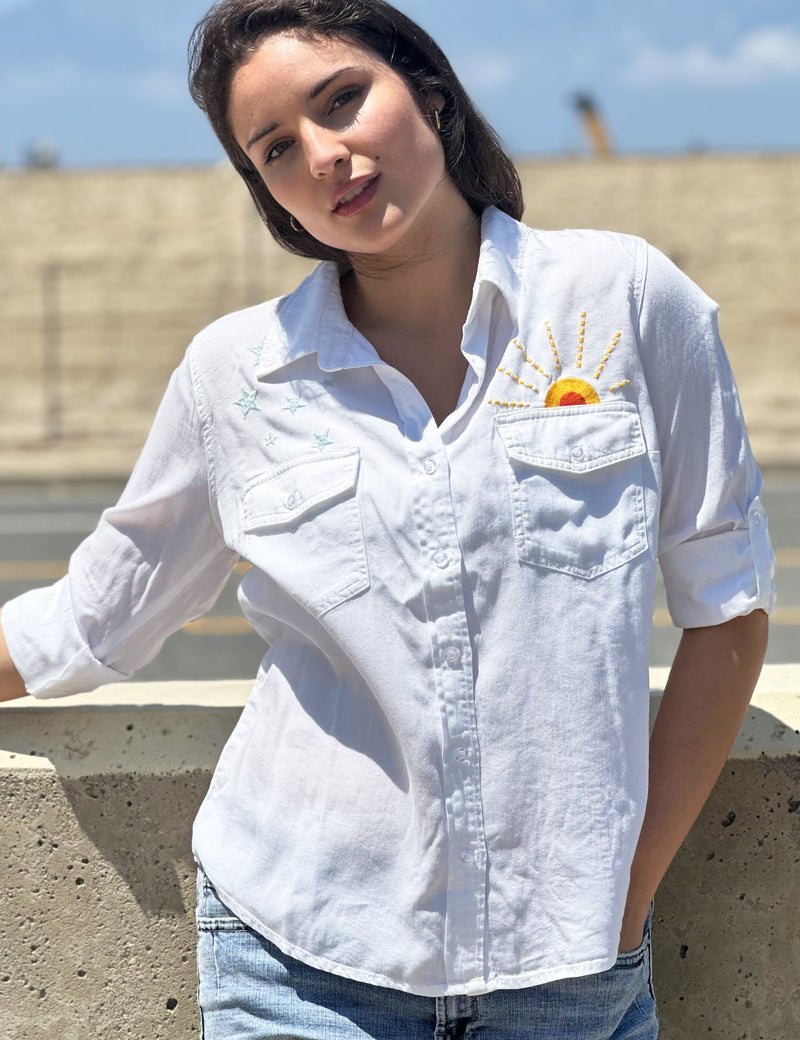 Hello Sunshine Embroidered Button Front Shirt in White Front View
