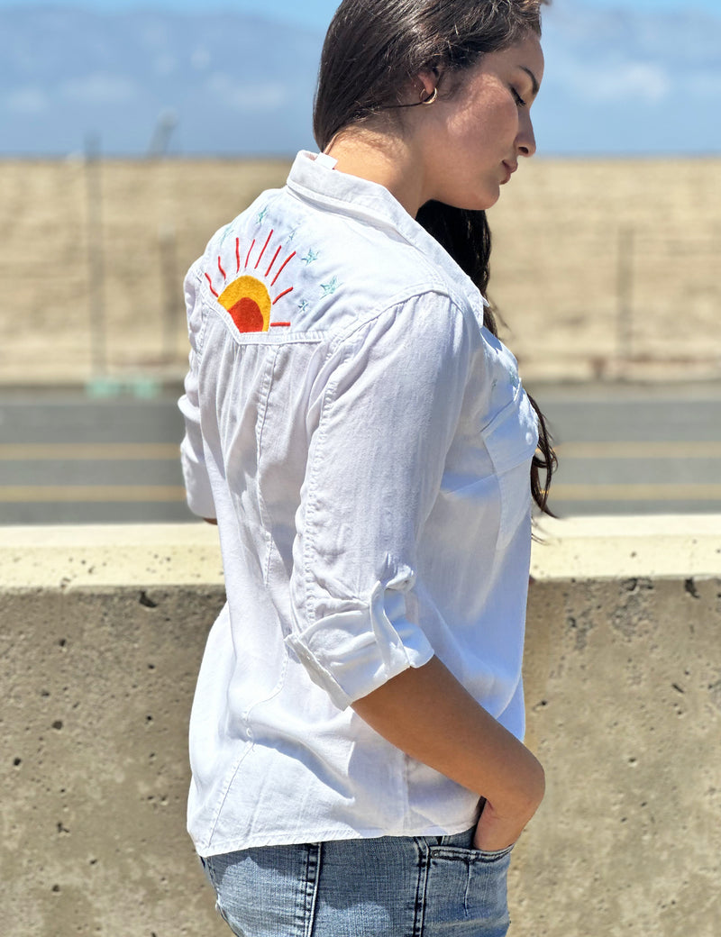 Hello Sunshine Embroidered Button Front Shirt in White Side View