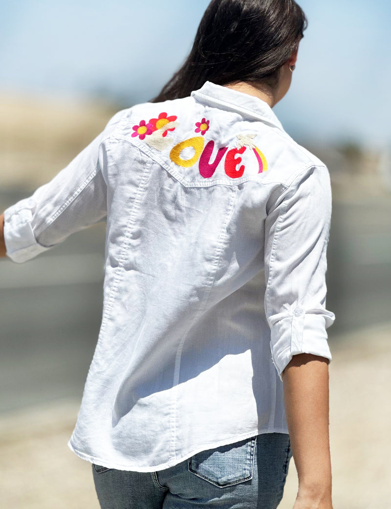 Peace & Love Button Up Shirt in White Back View in Plus Size