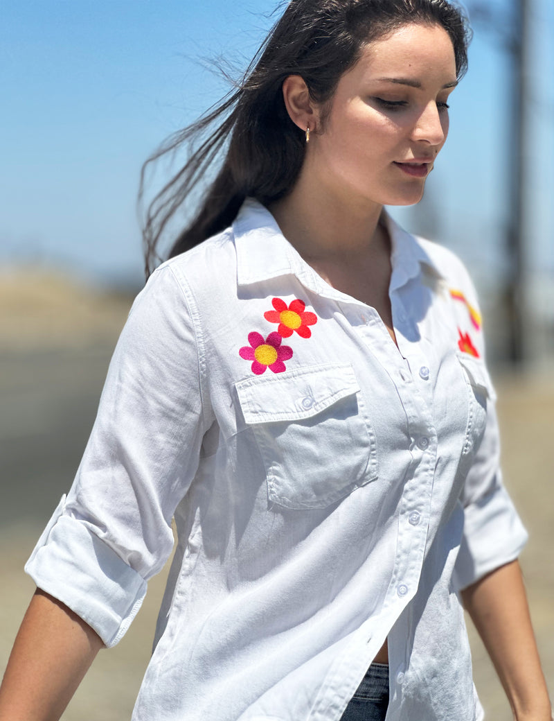 Peace & Love Button Up Shirt in White Close Up Front View in Plus Size