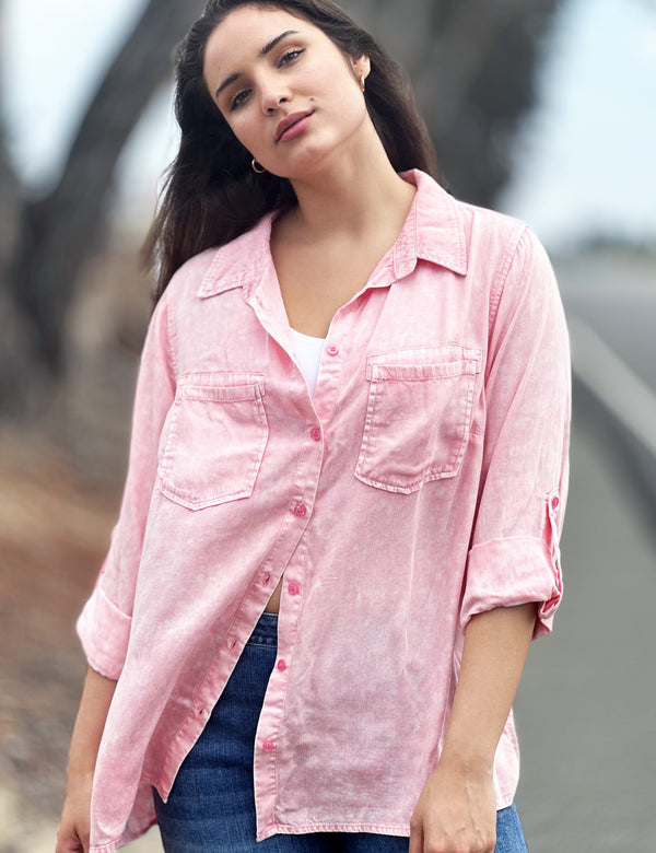 Plus Size Utility Pocket Button Front Shirt in Preppy Pink Front View