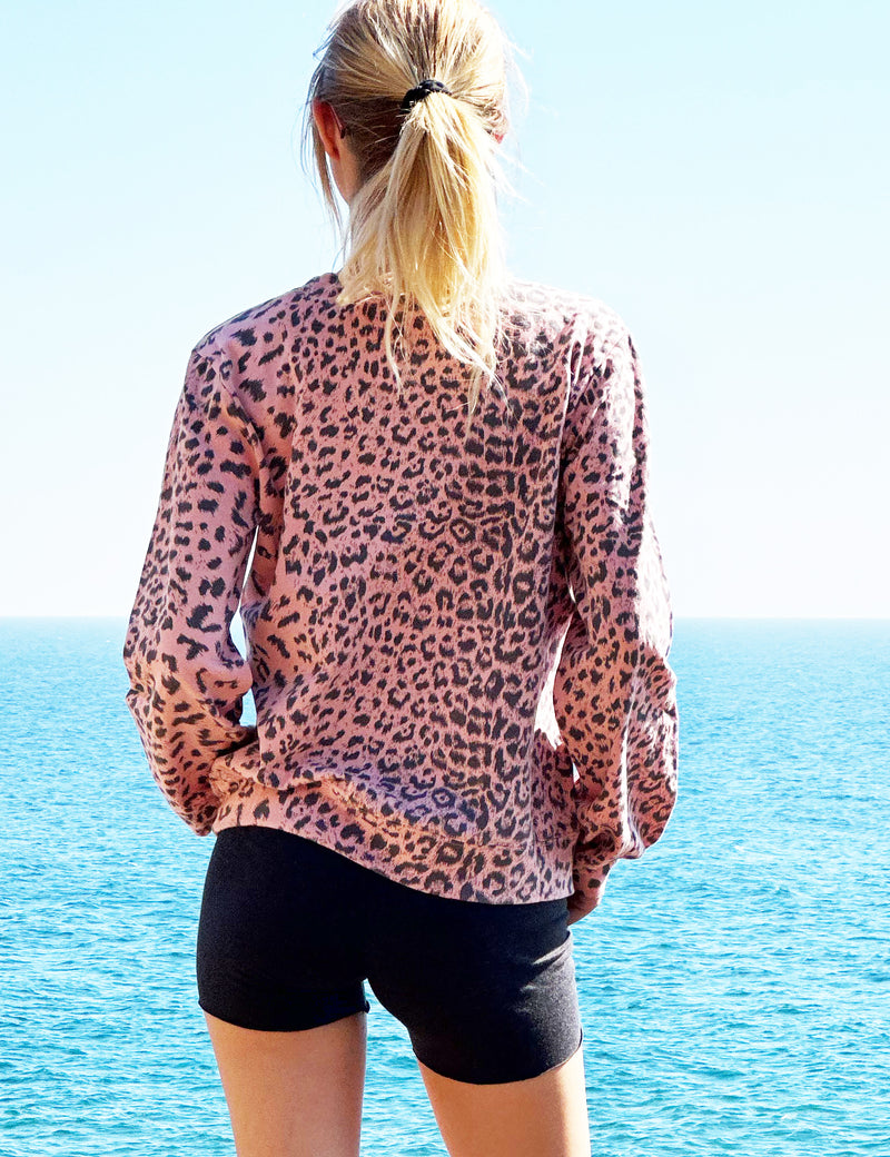 Victory V-Neck Sweatshirt in Pink Animal Print Back View Close Up