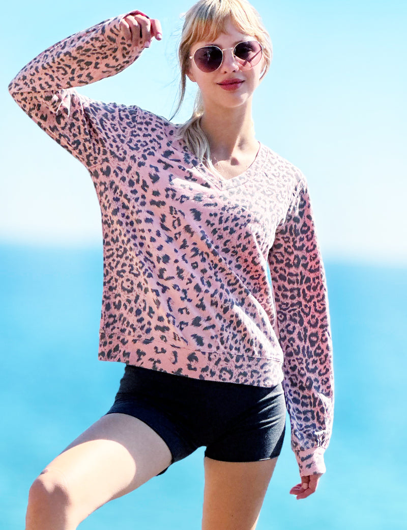 Victory V-Neck Sweatshirt in Pink Animal Print Front View Close Up