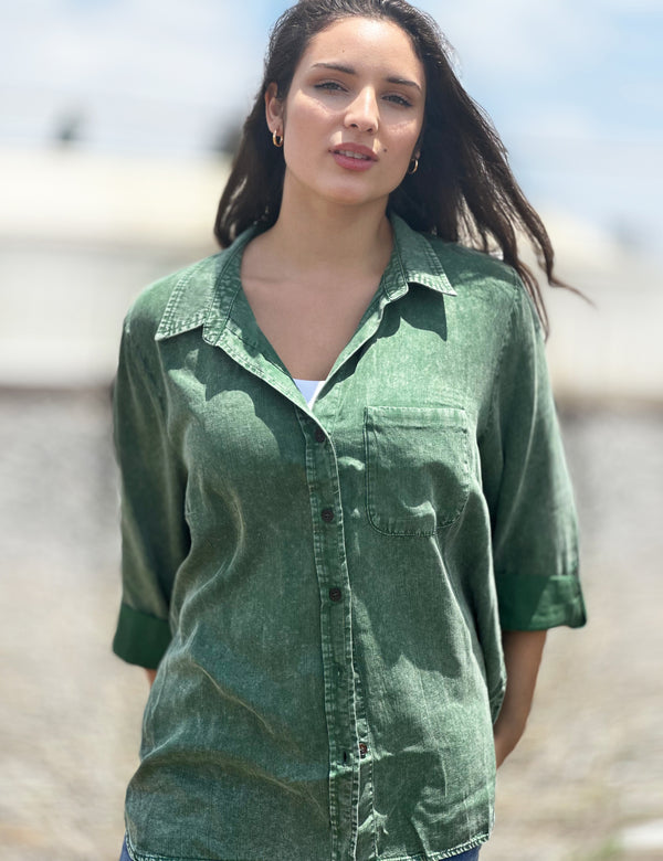 Plus Size Classic Button Front Shirt in Rosemary Green Front View