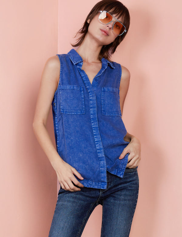 Honey Sleeveless Button Up Shirt in Navy Front View