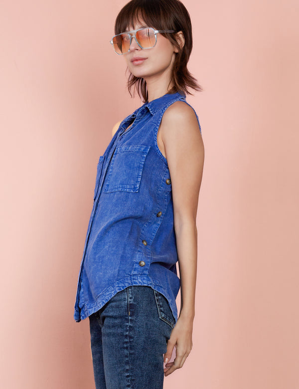 Honey Sleeveless Button Up Shirt in Navy Side View