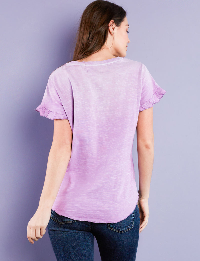 Women's Designer Ruffle Sleeve V-Neck Tee in Purple Sorbet
