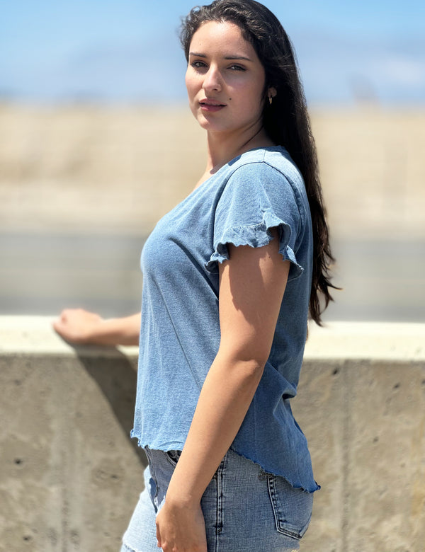 Plus Size Ruffle Sleeve V-Neck Tee in Denim Blue Side View