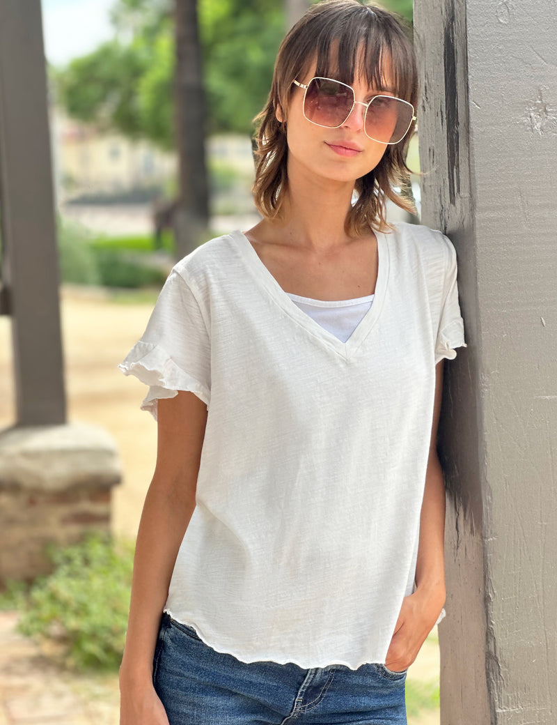 Women's Ruffle Sleeve V-Neck Cotton Tee – Billy T – billytshop
