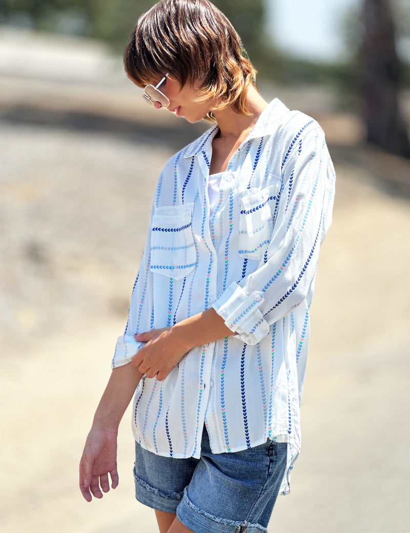 Classic Button Front Shirt in Heart Stripes Front View