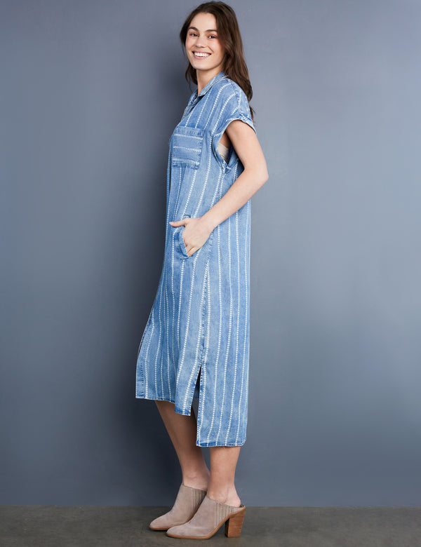 Women's Designer Stripe Print Denim Shirtdress