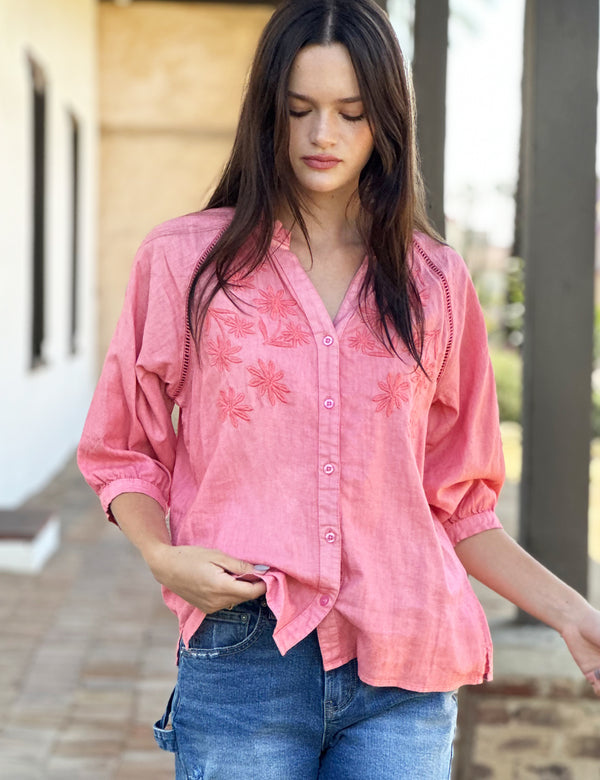 Pretty Button Up Shirt with Embroidery in Melon Front View