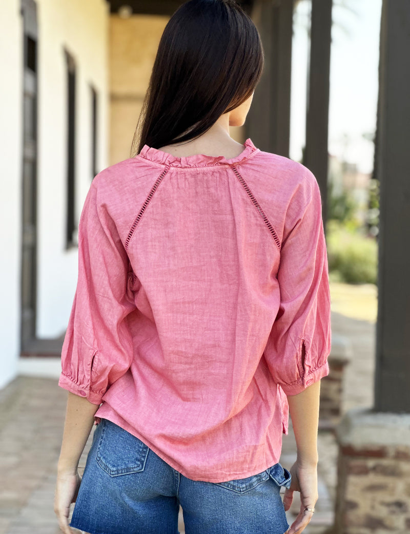 Pretty Button Up Shirt with Embroidery in Melon Back View