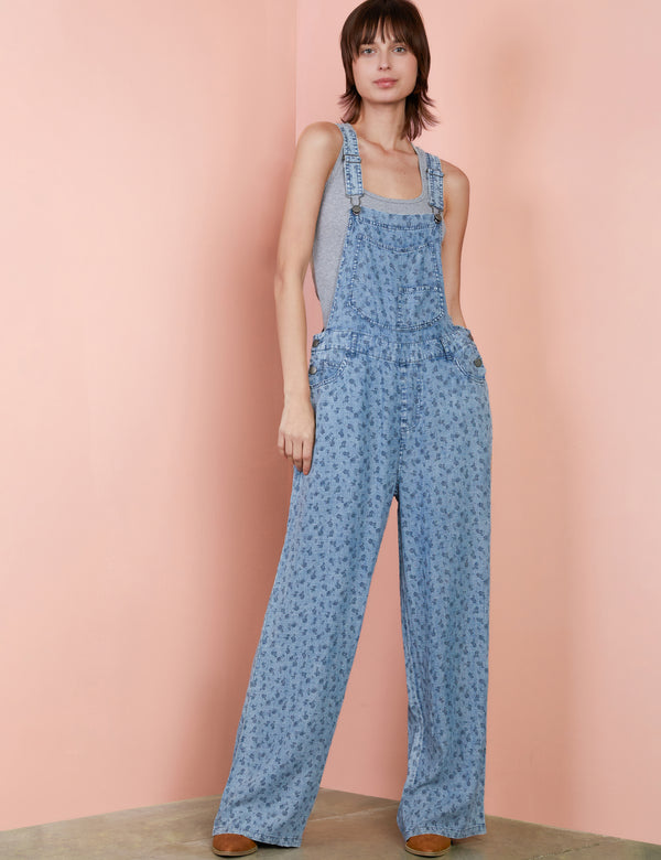 Denim Overalls in Ditsy Floral Print Front View