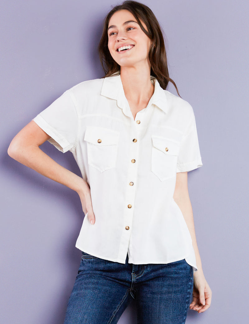 Women's Designer Classic White Short Sleeve Button Down