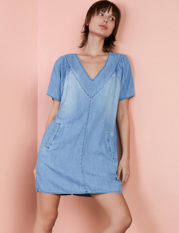 Women's Denim Puff Mini Dress Front View