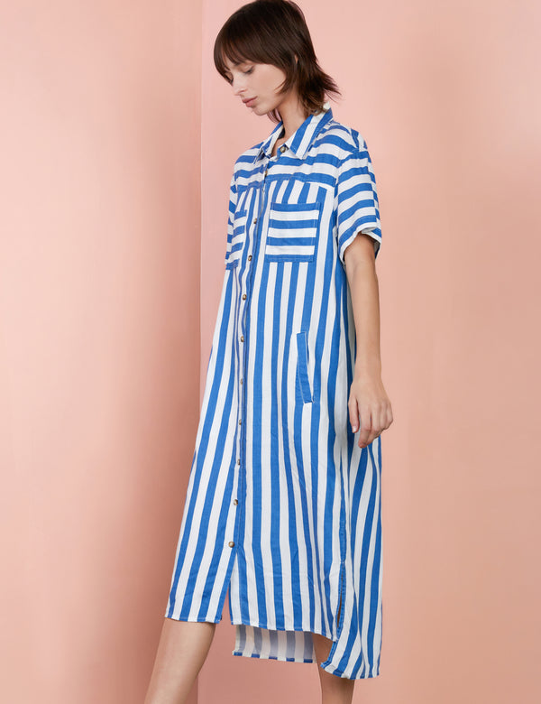 Blue Striped Short Sleeve Midi Regal Shirtdress Side View