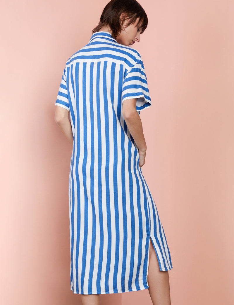 Blue Striped Short Sleeve Midi Regal Shirtdress Side Back View