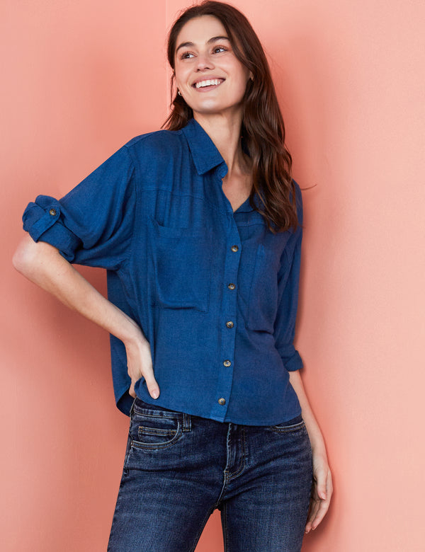 Women's Designer Roll Sleeve Button Down Top