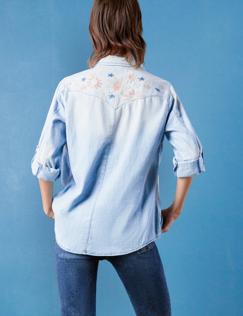 Floral and Star Embroidery Denim Button Front Shirt Back View
