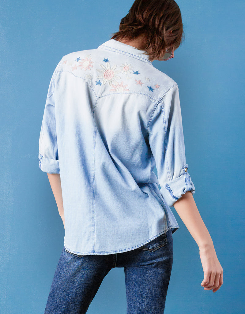 Floral and Star Embroidery Denim Button Front Shirt Back View