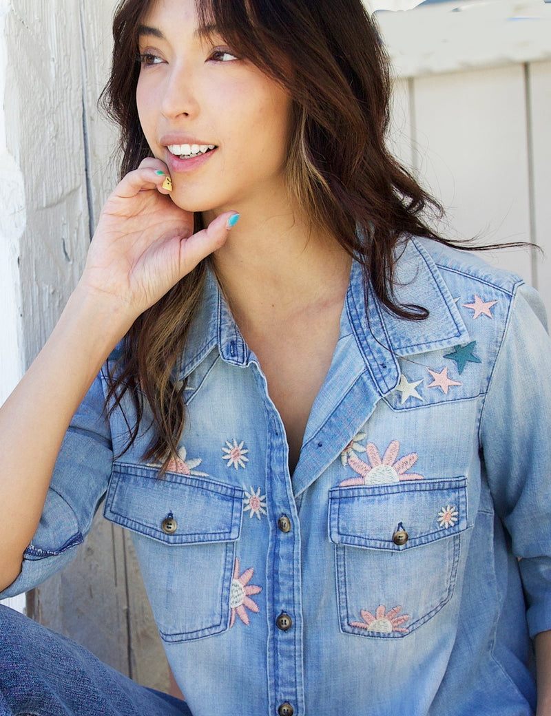 Floral and Star Embroidery Denim Button Front Shirt Front View Close Up