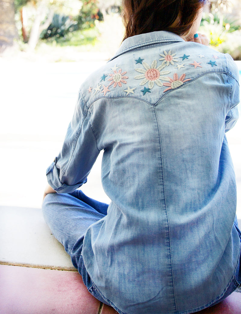 Floral and Star Embroidery Denim Button Front Shirt Back View Close Up