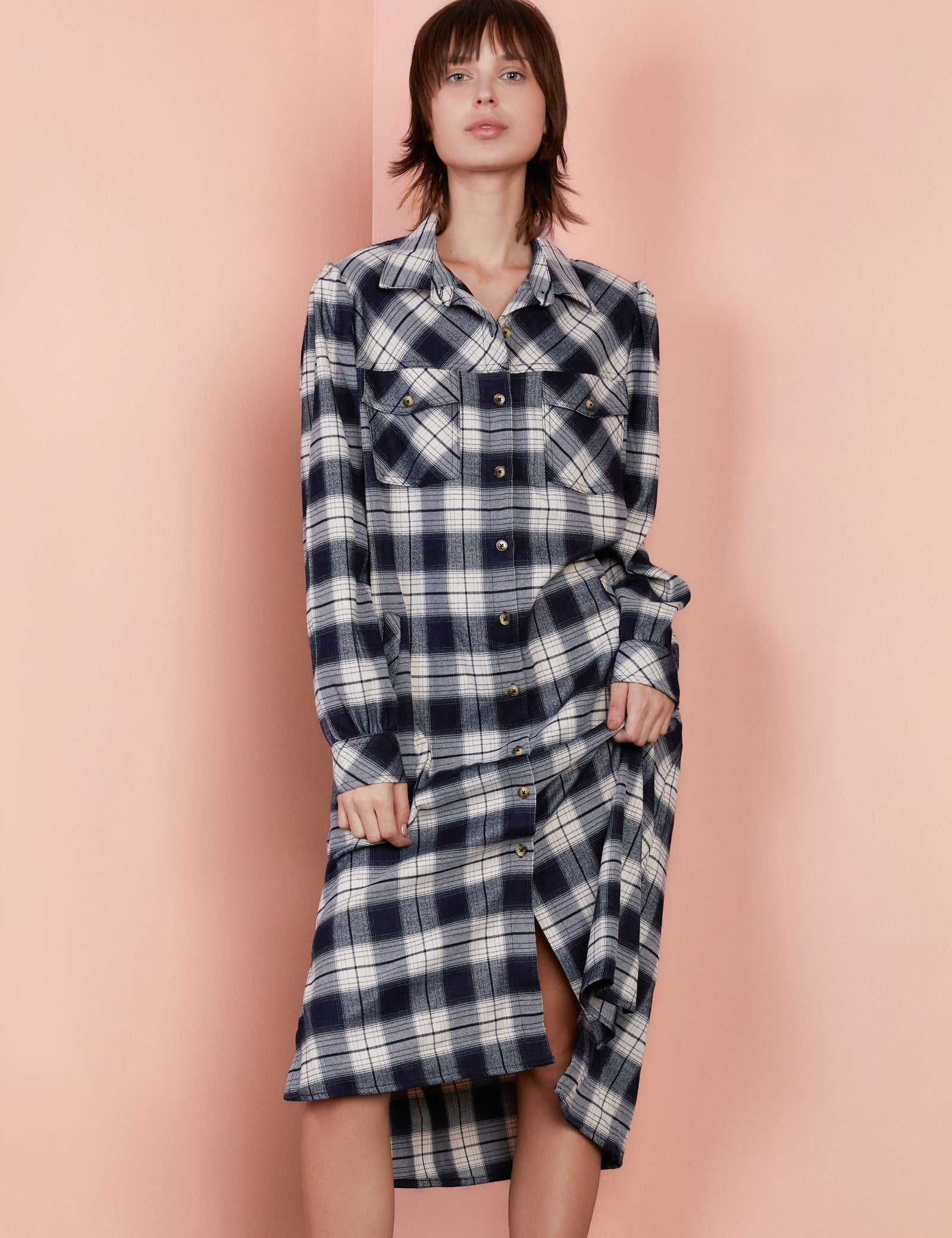 flannel dresses women Billy T Flannel Puff Dress, Size M, Indigo Plaid