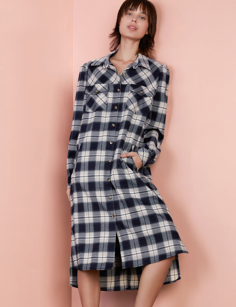 Billy T Flannel Puff Dress, Size S, Indigo Plaid Billy T Flannel Puff Dress, Size S, Indigo Plaid