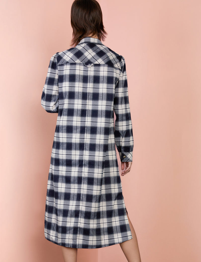 Billy T Flannel Puff Dress, Size S, Indigo Plaid Billy T Flannel Puff Dress, Size S, Indigo Plaid